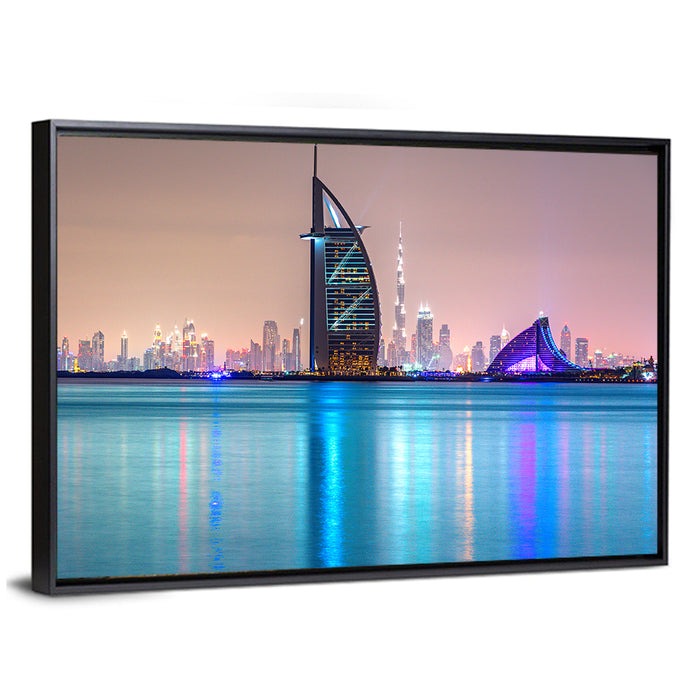 Dubai Night Skyline Wall Art as a framed canvas