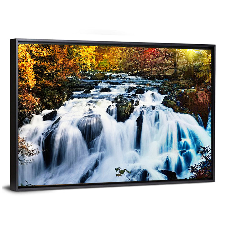 Mossy Autumn Forest Waterfall Wall Art