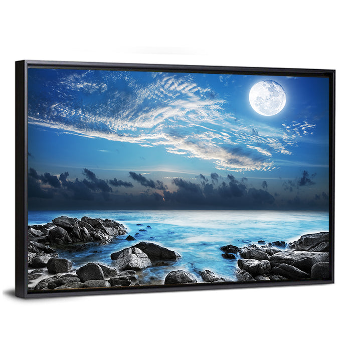 Moonlit Tropical Bay with Rocky Coast Wall Art as a framed canvas