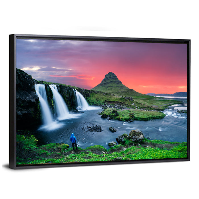 Kirkjufell Sunset with Kirkjufellsfoss Wall Art as a framed canvas
