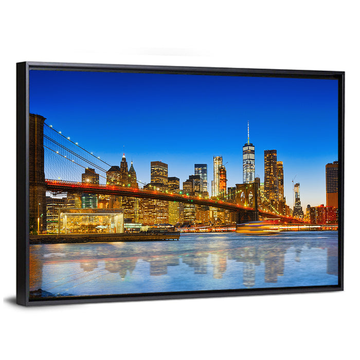 Brooklyn Bridge at Dusk, Lower Manhattan Wall Art as a framed canvas
