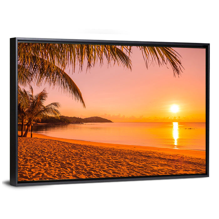 Golden Palm Sunset Wall Art as a framed canvas