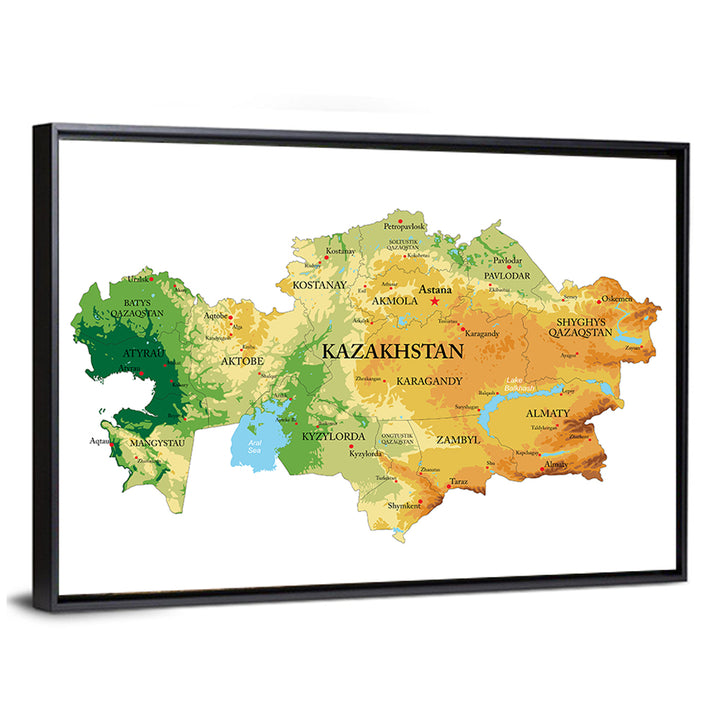 Kazakhstan Relief Map, Color-coded Terrain Wall Art