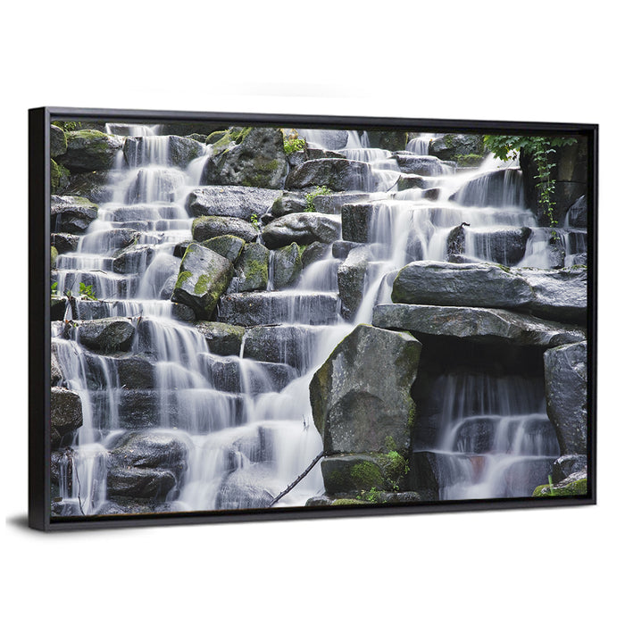 Mossy Tiered Waterfall Wall Art as a framed canvas