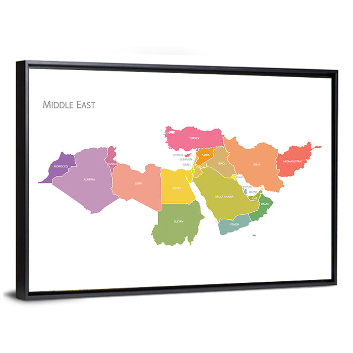 Colorful Middle East Map Wall Art as a framed canvas