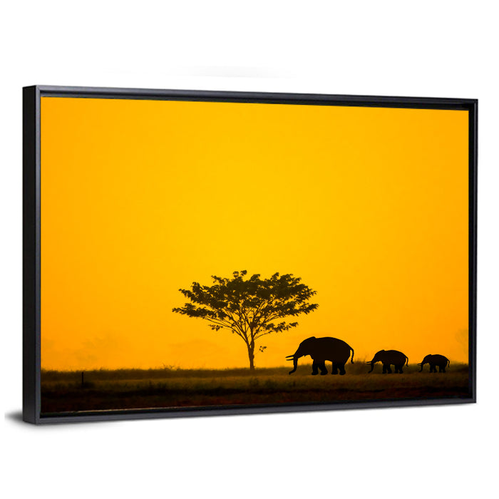 Thailand Elephant Silhouettes Wall Art as a framed canvas