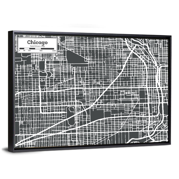 Chicago Street Grid Map Wall Art as a framed canvas