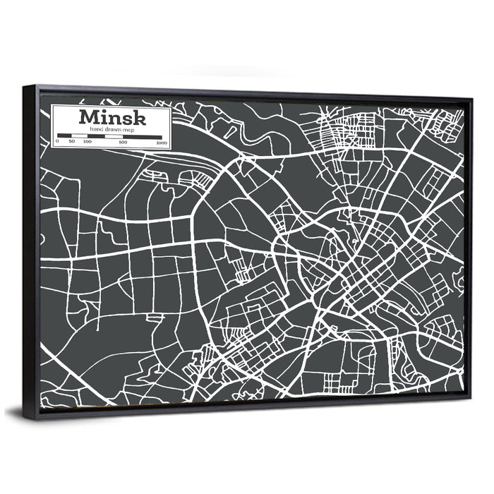 Minsk Hand Drawn Map Wall Art as a framed canvas