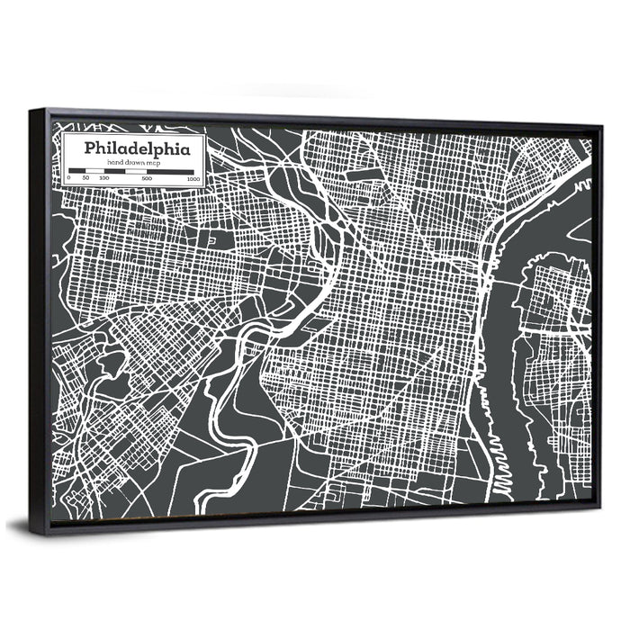 Philadelphia Street Grid Map Wall Art as a framed canvas