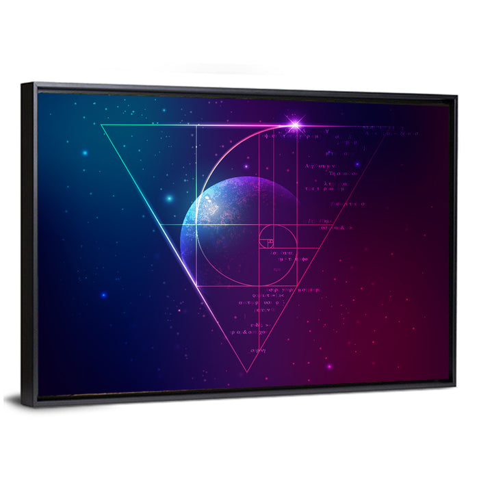 Golden Spiral Planet Wall Art as a framed canvas