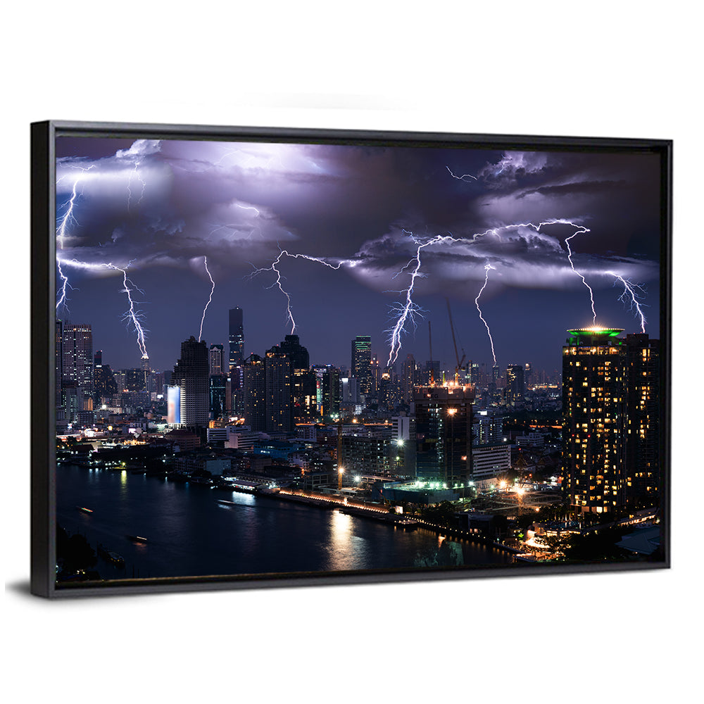 Night Lightning Over River Skyline Wall Art