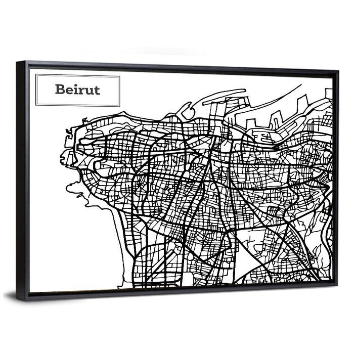 Beirut Street Grid Map Wall Art as a framed canvas