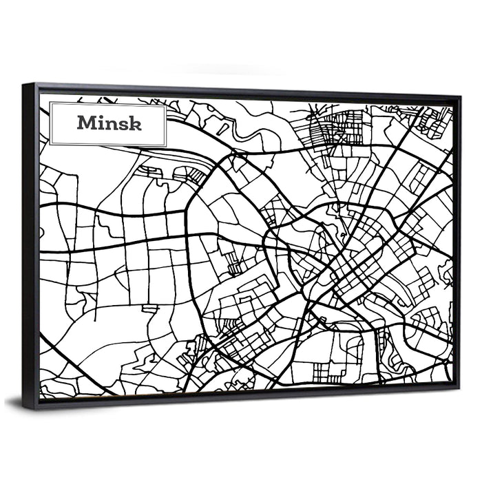 Minsk Street Grid Map Wall Art as a framed canvas