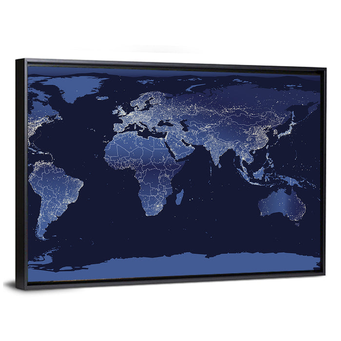 Global Night Lights Map Wall Art as a framed canvas