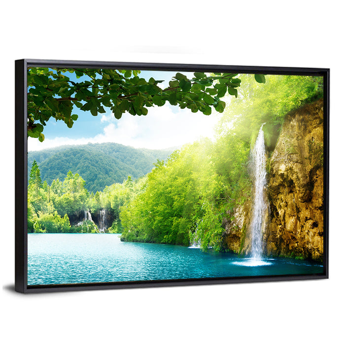 Plitvice Lakes Forest Waterfall Wall Art as a framed canvas