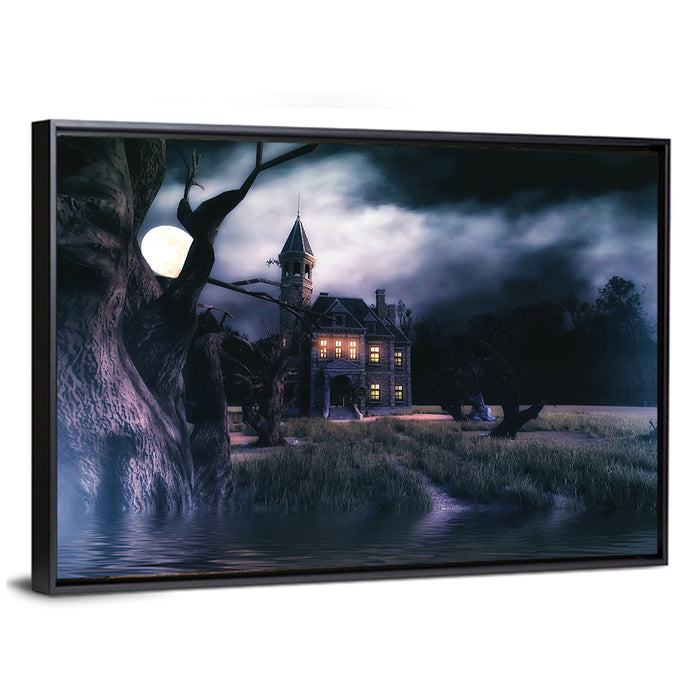 Moonlit Haunted House Wall Art as a framed canvas