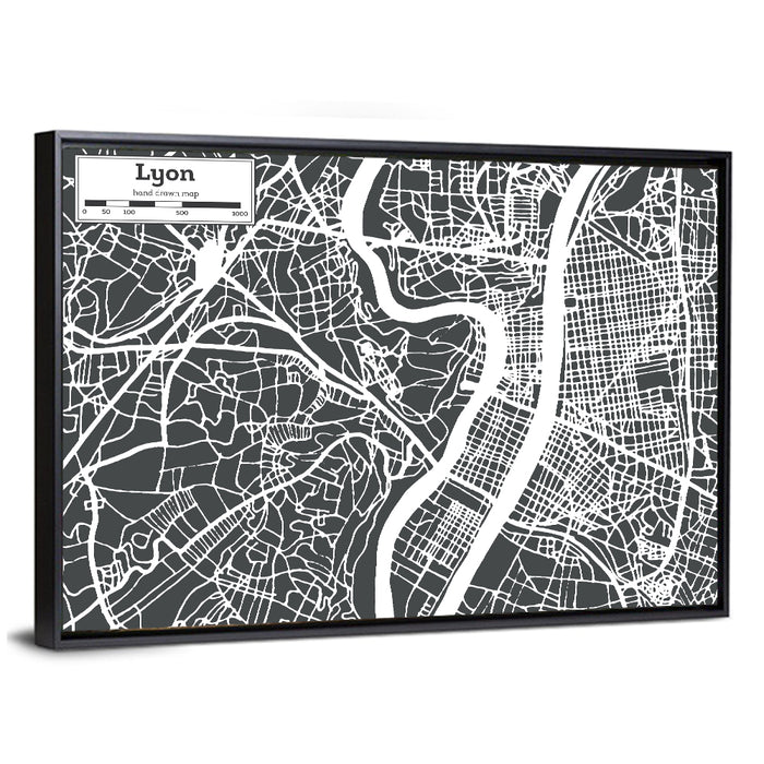 Lyon Aerial City Map Wall Art as a framed canvas