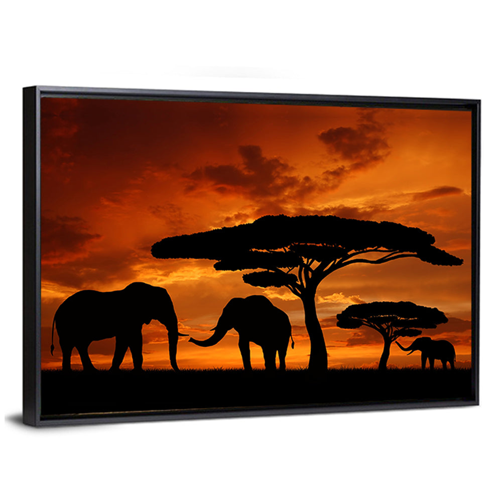 Three Elephants at Sunset Wall Art