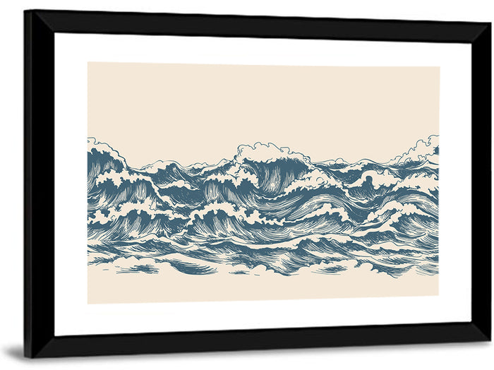 Ink Style Sea Waves Sketch Wall Art as a framed print
