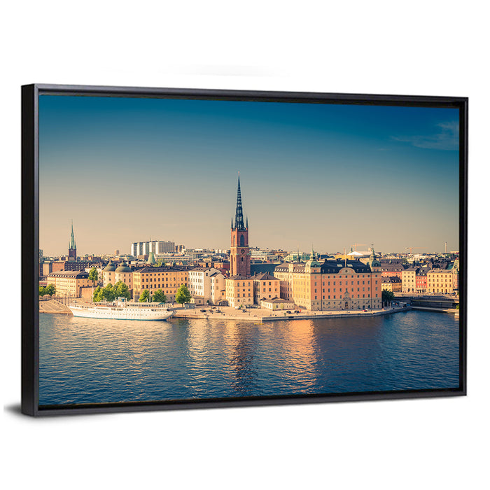 Riddarholmen Church Golden Hour Skyline Wall Art as a framed canvas