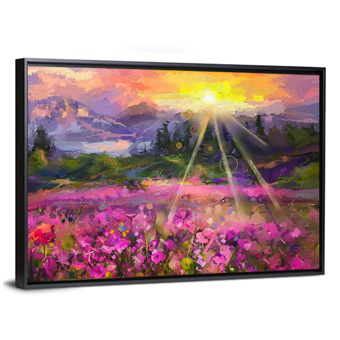 Cosmos Meadow Sunset Wall Art as a framed canvas
