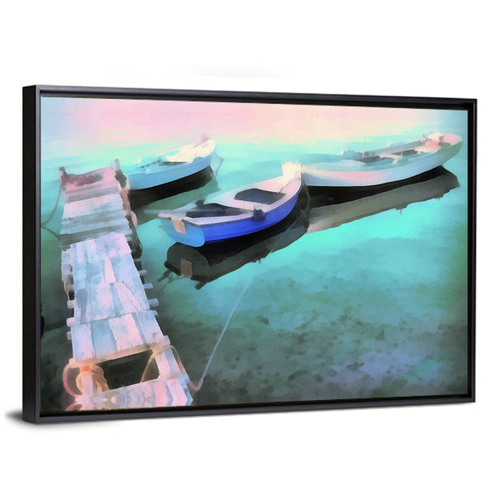 Two Boats by a Wooden Dock Wall Art as a framed canvas