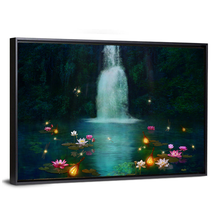 Moonlit Lotus Pond and Waterfall Wall Art as a framed canvas