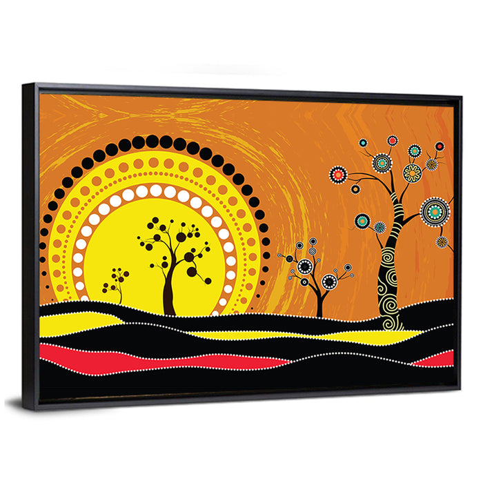 Aboriginal Dot Sunset Wall Art as a framed canvas