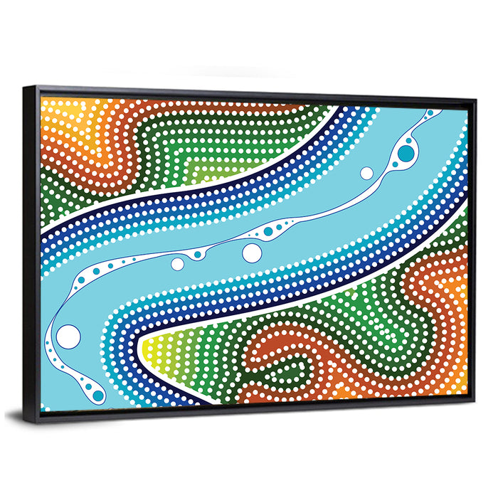 Aboriginal River Dot Wall Art as a framed canvas