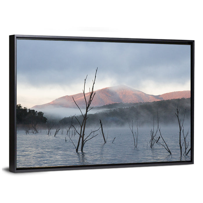 Lake Eildon Morning Mist Wall Art as a framed canvas