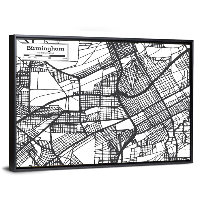 Birmingham Black and White City Map Wall Art as a framed canvas