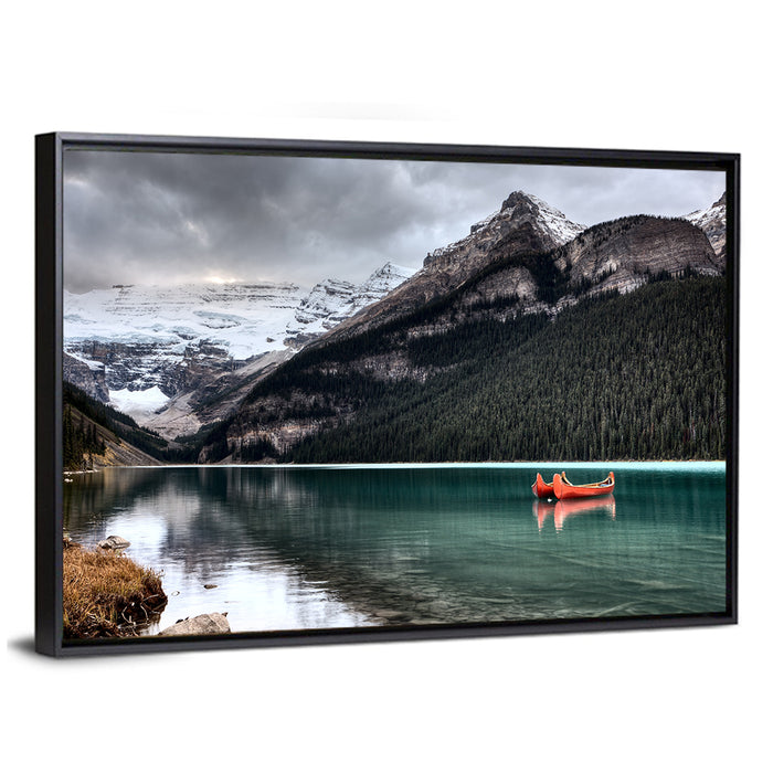 Lake Louise Canoes and Glacier Wall Art as a framed canvas