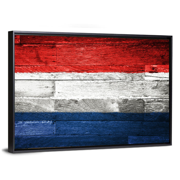 Dutch Flag on Distressed Wood Wall Art as a framed canvas