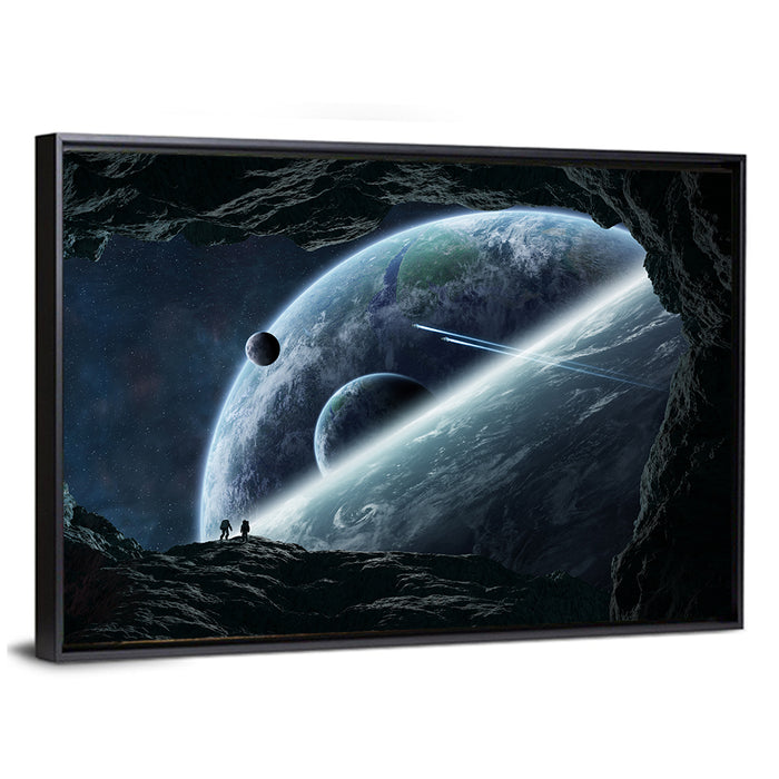 Astronaut Silhouettes in Cave Wall Art as a framed canvas