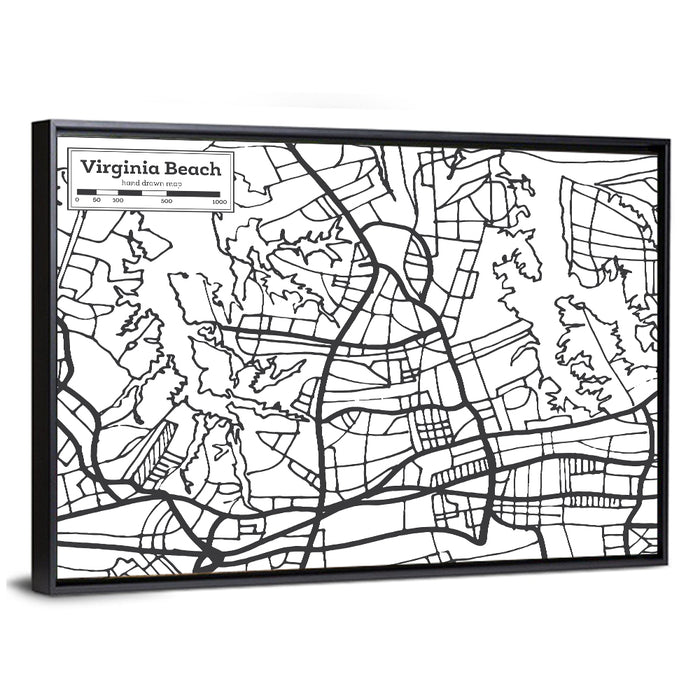 Virginia Beach Hand-drawn City Map Wall Art as a framed canvas