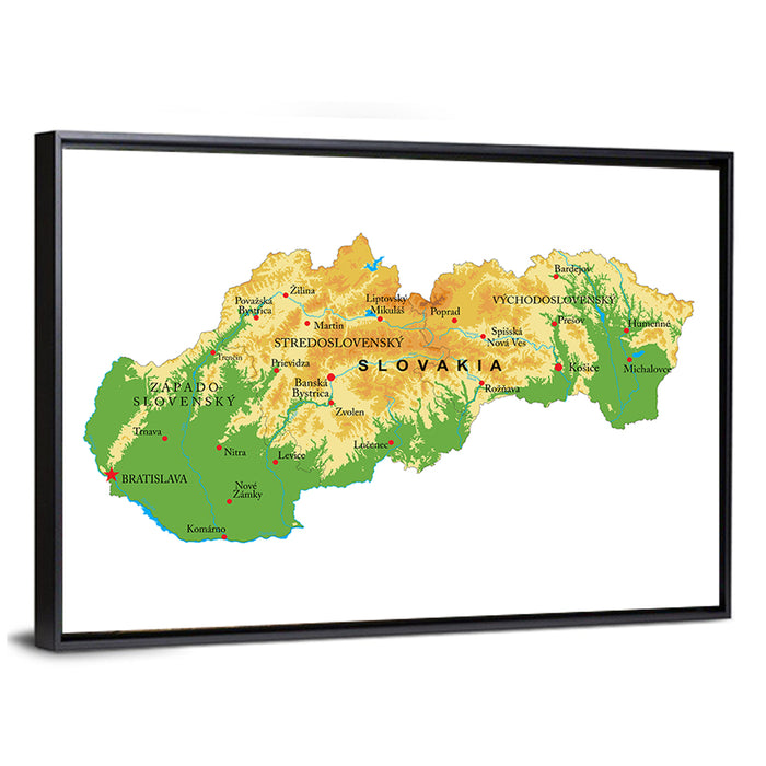 Slovakia Topographic Relief Map Wall Art as a framed canvas