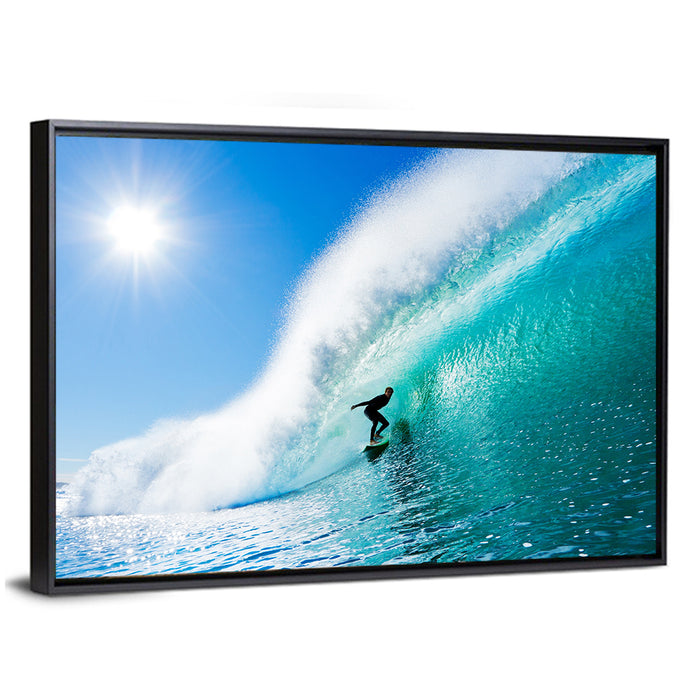 Surfer Inside Blue Barrel Wave Wall Art as a framed canvas