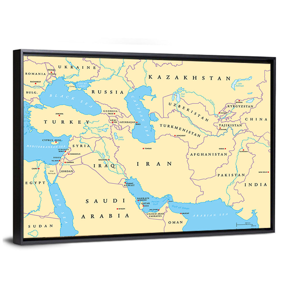 Southwest Asia Political Map, Cartographic Wall Art
