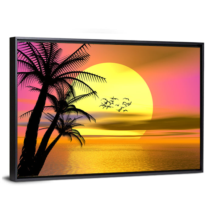 Tropical Sunset with Palm Silhouettes Wall Art as a framed canvas