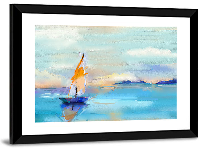Vibrant Orange Sailboat Seascape Wall Art as a framed print
