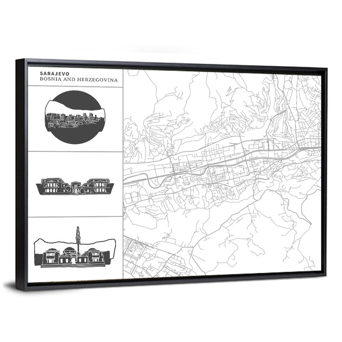 Sarajevo Line Map Wall Art as a framed canvas