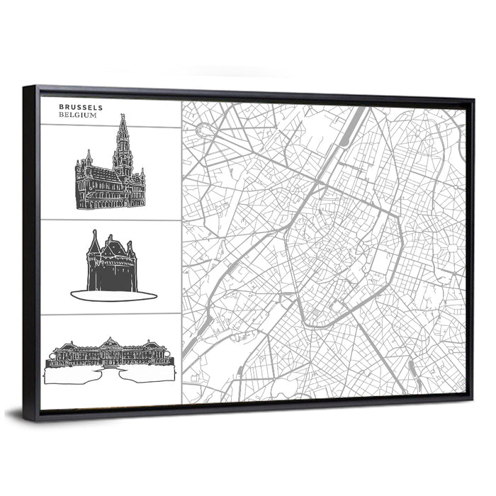 Brussels Map with Architectural Icons Wall Art as a framed canvas