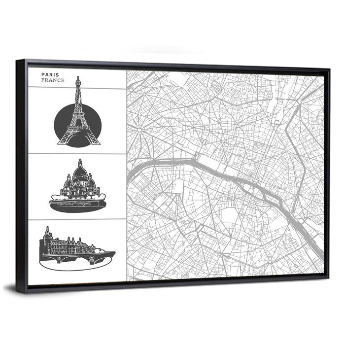 Paris Architectural Map Grid Wall Art as a framed canvas