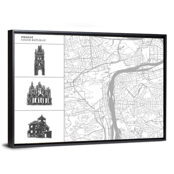 Prague City Map with Architectural Silhouettes Wall Art as a framed canvas