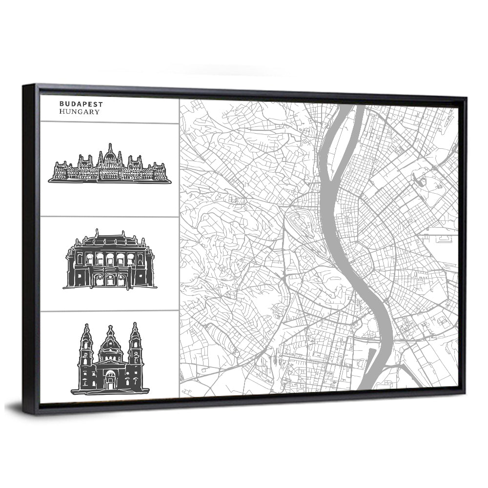 Budapest Map with Landmark Silhouettes Wall Art