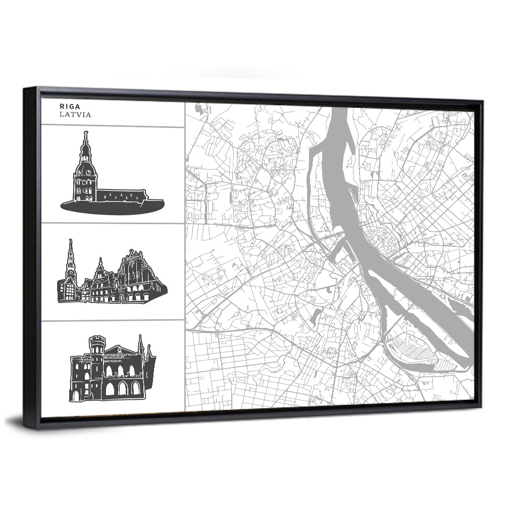 Riga Map with Cathedral Silhouettes Wall Art