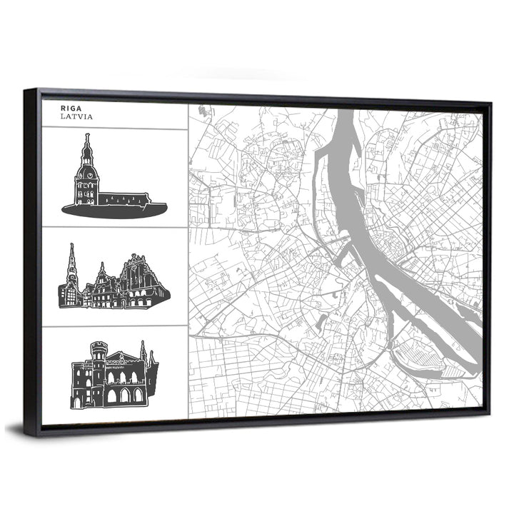 Riga Map with Cathedral Silhouettes Wall Art