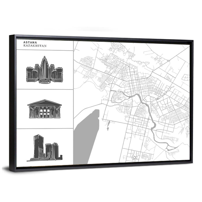 Astana Map with Landmarks Wall Art as a framed canvas