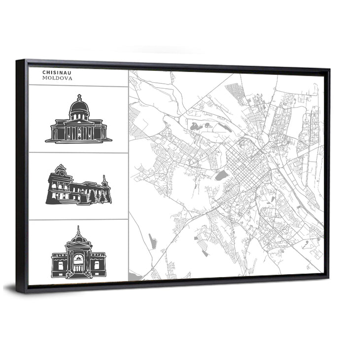 Chisinau Map with Architectural Sidebar Wall Art as a framed canvas