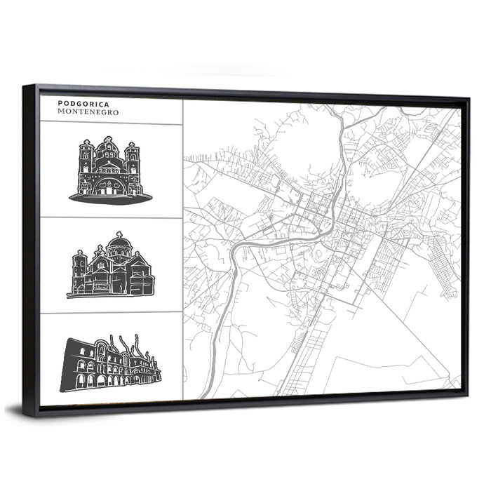 Podgorica Architectural City Map Wall Art as a framed canvas